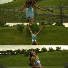 two pictures of a woman doing a handstand in front of a wooden fence