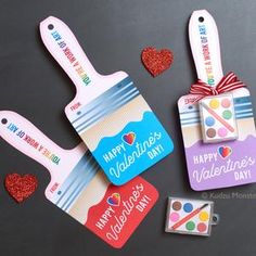 three valentine's day gift tags with hearts on the top and one tag that says happy valentine's day