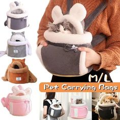 the cat carrying bag has many different colors and sizes, including one with a hat on it