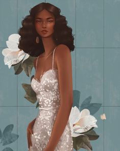 a digital painting of a woman in a white dress with flowers on the wall behind her