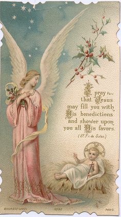 an old fashioned christmas card with angel and baby jesus