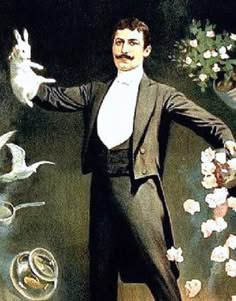 a painting of a man in a tuxedo with flowers and birds around him