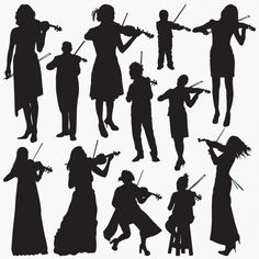 silhouettes of people playing musical instruments in different positions and poses, including violin, fiddle, flute, guitar