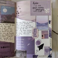 an open book with pictures and writing on the pages, including notes from someone's life