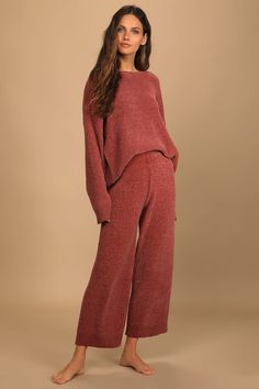 Rusty Rose Knit Pants - Sweater Pants - High Rise Pants - Lulus Sweater Pants Set, Comfy Cozy Fall Outfit, Fall Fashion Women 30s, Fall Matching Sets, Relaxed Feminine Style, Fall Clothing Trends 2024, Lounge Wear Outfits Stylish, Cozy Work Outfit, Fall Lounge Outfits