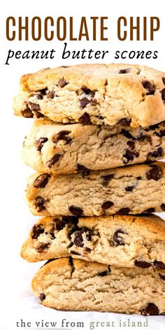 chocolate chip peanut butter scones stacked on top of each other with the title above it