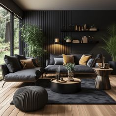 a living room filled with lots of furniture and plants on top of a wooden floor