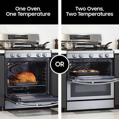 two ovens side by side with one being cooked and the other is turkey cooking