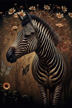 a painting of a zebra standing in front of flowers and butterflies on a black background