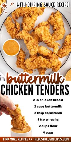 chicken tenders recipe with dipping sauce on the side and text that reads buttermik chicken tenders