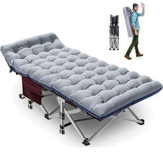 a man walking next to a bed with an air mattress on it