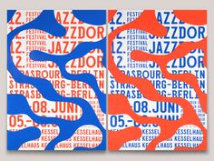 two posters with blue and red designs on them, one has the word jazz written in different languages