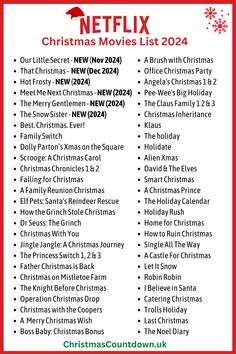 the christmas movies list for netflix's christmas movies list is shown in red and white