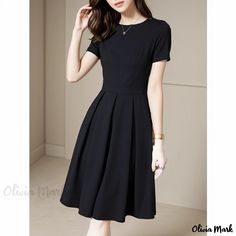 Olivia Mark - Refined Black A-line Dress with Waist Cinching Elegant Black Dress, Dress Collar, Home Dress, Crewneck Dress, Black Dresses Casual, Types Of Skirts, Cinched Waist, Collar Dress, Black Midi Dress