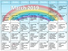 the march calendar with rainbows and clouds