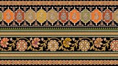 an intricately designed wallpaper with flowers and leaves on black, green, yellow and orange