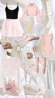 ballet clothes and shoes are arranged in the shape of a ballerina's outfit