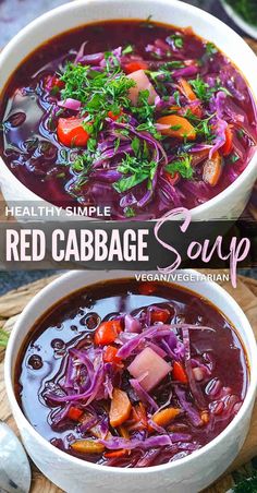 two bowls of red cabbage soup with carrots and parsley on the side,