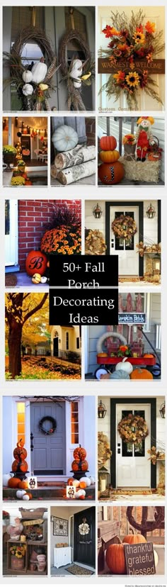 the front door decorated for fall with pumpkins and other decorations