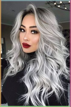 Long Black And Silver Hair, Dark Gray Ombre Hair, Long Black Hair With Gray Highlights, Highlights Grown Out, Grey Silver Hair Color, Ice Grey Hair, Platinum Grey Hair Silver, Silver Hair With Shadow Root, Blonde With Silver Highlights