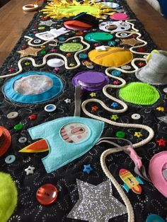 a long table covered in lots of toys