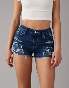 A warm weather staple with a high rise & legs-for-days fit. Made for curves with extra room in the hip & thigh. High Waisted Ripped Shorts, Denim Short Shorts, Womens High Waisted Shorts, Chanel Fashion Show, Curvy Shorts, Ripped Denim Shorts, Ripped Shorts, American Eagle Shorts, Denim Short