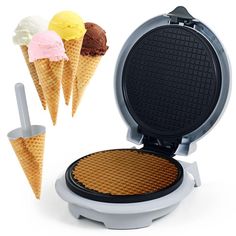 an ebay waffle maker with three scoops of ice cream and two cones