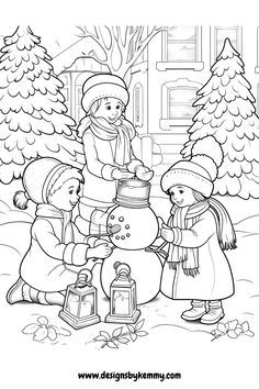 three children building a snowman in the yard with trees and houses behind them coloring page