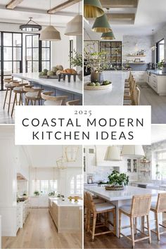 coastal modern kitchen ideas with white walls and wood floors, wooden chairs and pendant lights