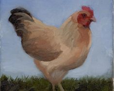 a painting of a chicken standing on top of a grass covered field with blue sky in the background