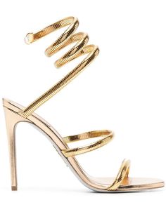 gold-tone calf leather metallic effect open toe strap detailing ankle strap wraparound style branded leather insole 105mm high stiletto heel Rene Caovilla Shoes, Tone Calves, Jeweled Shoes, High Sandals, Classy Shoes, Ballerina Shoes Flats, Denim Tote Bags, Boot Jewelry, Rene Caovilla