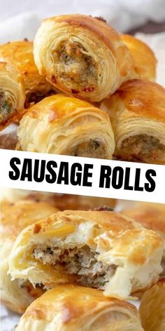 sausage rolls with cheese and meat in them on a white plate next to the words sausage rolls