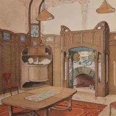 this is a drawing of a living room with fireplace and table in the center,