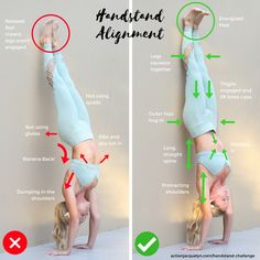 a woman is doing a handstand on her head and knees, with the instructions below