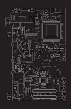 a black and white drawing of a computer motherboard with many components in it, including the cpu