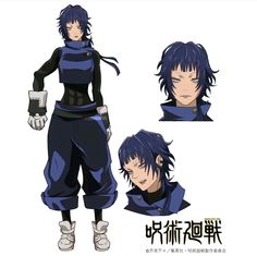 an anime character with blue hair and black clothes, standing in front of white background