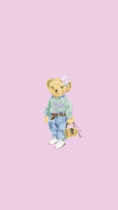 a painting of a teddy bear in jeans and a t - shirt with a bow on its head