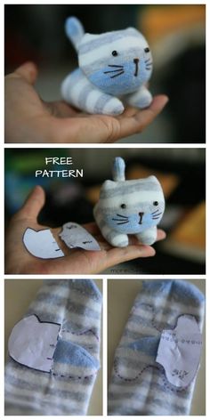 there are three pictures showing how to make a cat ornament with fabric and paper