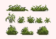 the pixel style plants and bushes are shown in different sizes, shapes, and colors