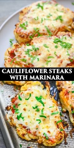 two different images of cauliflower steaks with marinara on top and bottom