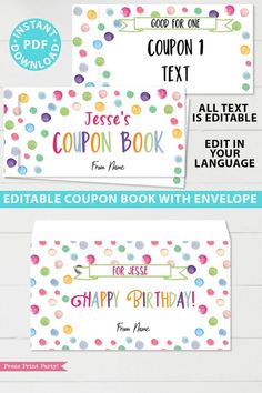 birthday coupon book with envelopes for kids and adults to print on the front