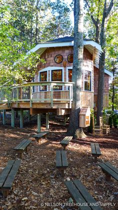 a tree house in the woods with picnic tables and benches on the ground next to it