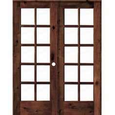 the double doors are made from wood and have glass panels