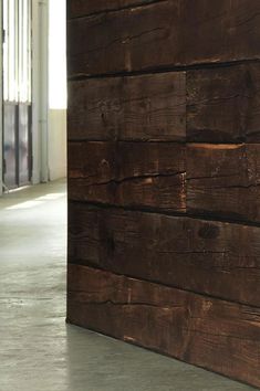 a cat sitting on the floor next to a wooden wall