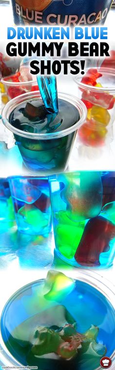 blue cup filled with gummy bear shots sitting on top of a table next to other cups