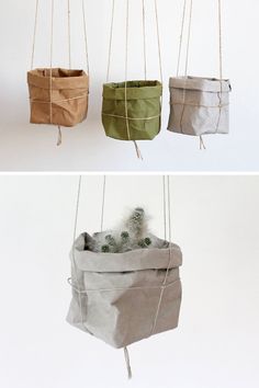 three bags hanging from strings with small plants inside one bag and the other in another bag