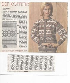 a woman in a sweater and pants is standing next to a page from an old knitting book