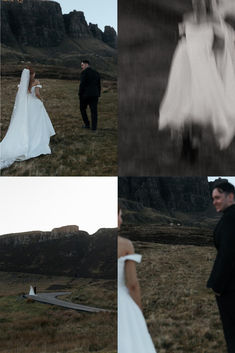 the bride and groom are walking in their wedding dress on the mountain side, while the photographer is taking pictures