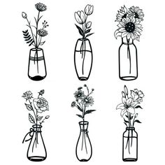 six vases with flowers in them are drawn by hand on a white background illustration