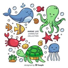 marine life clipart collection with octopus, sea turtle and other animals in cartoon style